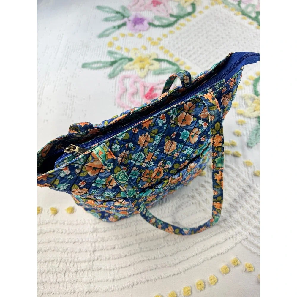 Blue Floral Quilted Cotton Tote Bag Zippered Shoulder Bag with Pockets